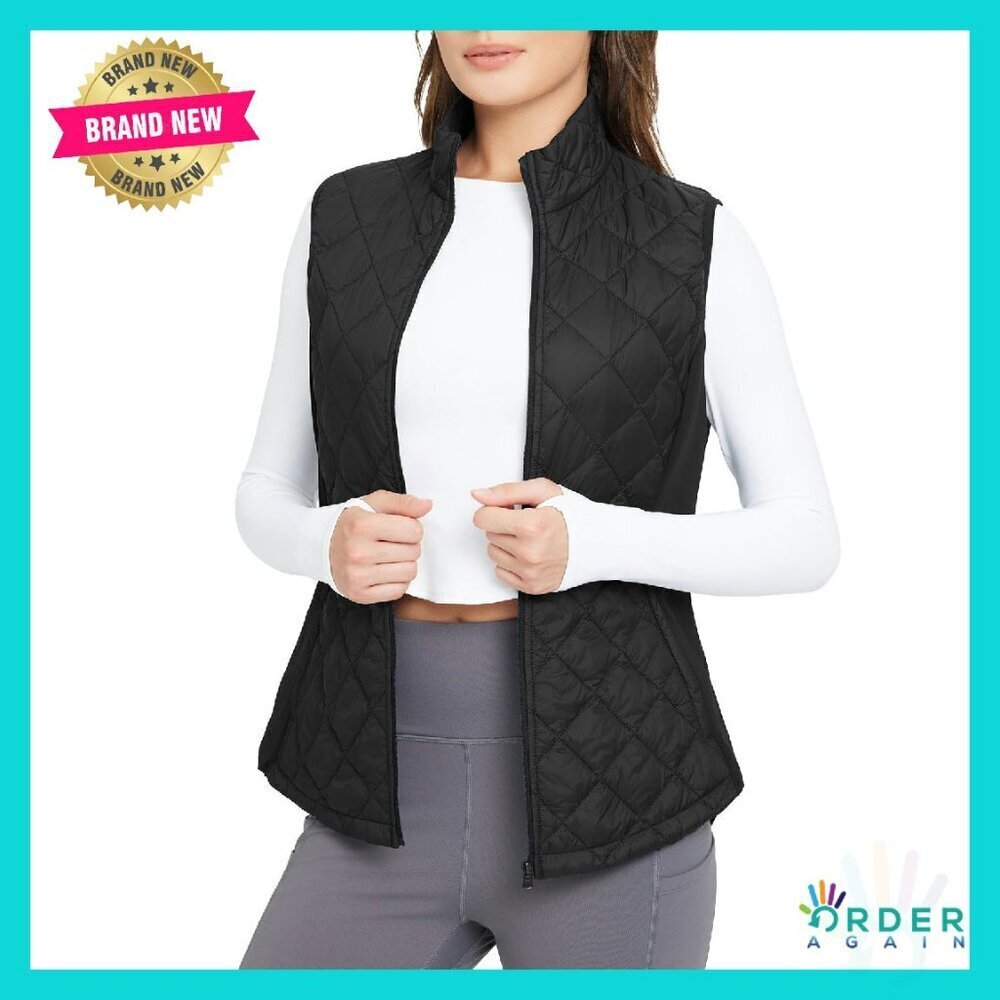Quilted Puffer Vest Lightweight Winter Warm Stand Collar Water Resistant Zip
